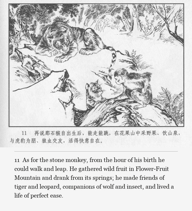 As for the stone monkey, from the hour of his birth he could walk and leap. He gathered wild fruit in Flower-Fruit Mountain and drank from its springs; he made friends of tiger and leopard, companions of wolf and insect, and lived a life of perfect ease.