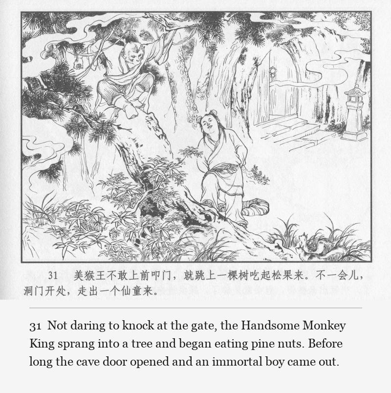 Not daring to knock at the gate, the Handsome Monkey King sprang into a tree and began eating pine nuts. Before long the cave door opened and an immortal boy came out.