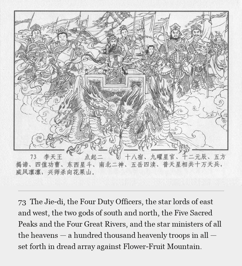 The Jie-di, the Four Duty Officers, the star lords of east and west, the two gods of south and north, the Five Sacred Peaks and the Four Great Rivers, and the star ministers of all the heavens — a hundred thousand heavenly troops in all — set forth in dread array against Flower-Fruit Mountain.