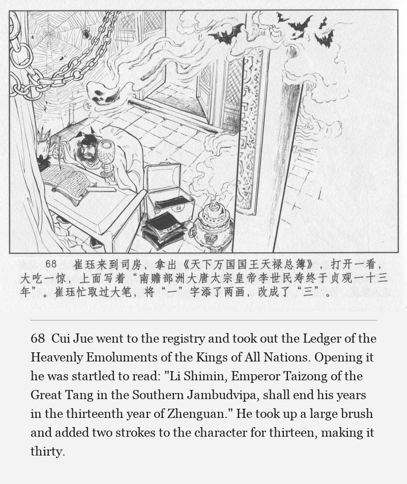 Cui Jue went to the registry and took out the Ledger of the Heavenly Emoluments of the Kings of All Nations. Opening it he was startled to read: "Li Shimin, Emperor Taizong of the Great Tang in the Southern Jambudvipa, shall end his years in the thirteenth year of Zhenguan." He took up a large brush and added two strokes to the character for thirteen, making it thirty.