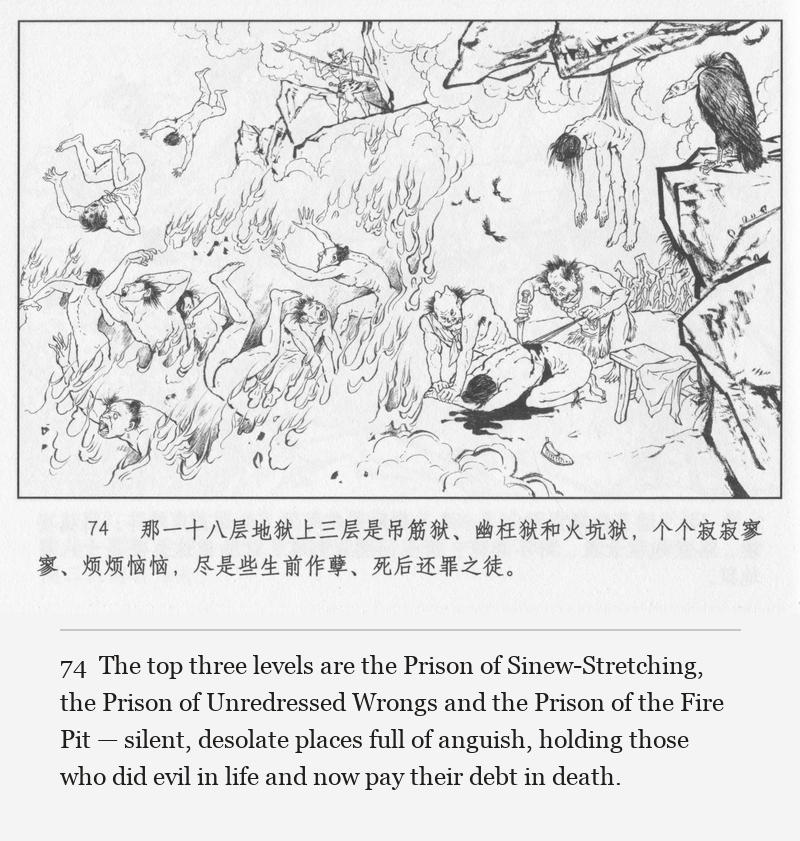 The top three levels are the Prison of Sinew-Stretching, the Prison of Unredressed Wrongs and the Prison of the Fire Pit — silent, desolate places full of anguish, holding those who did evil in life and now pay their debt in death.