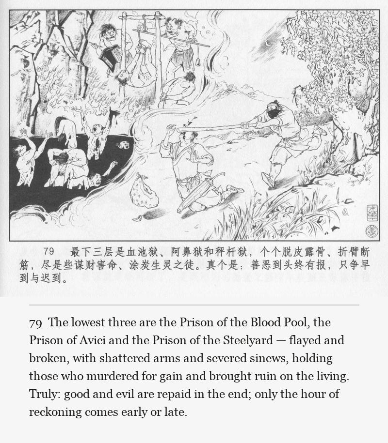 The lowest three are the Prison of the Blood Pool, the Prison of Avici and the Prison of the Steelyard — flayed and broken, with shattered arms and severed sinews, holding those who murdered for gain and brought ruin on the living. Truly: good and evil are repaid in the end; only the hour of reckoning comes early or late.