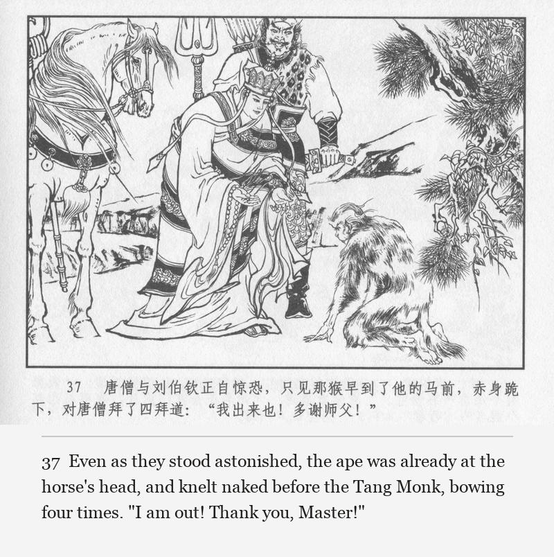 Even as they stood astonished, the ape was already at the horse's head, and knelt naked before the Tang Monk, bowing four times. "I am out! Thank you, Master!"