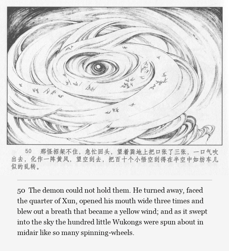 The demon could not hold them. He turned away, faced the quarter of Xun, opened his mouth wide three times and blew out a breath that became a yellow wind; and as it swept into the sky the hundred little Wukongs were spun about in midair like so many spinning-wheels.