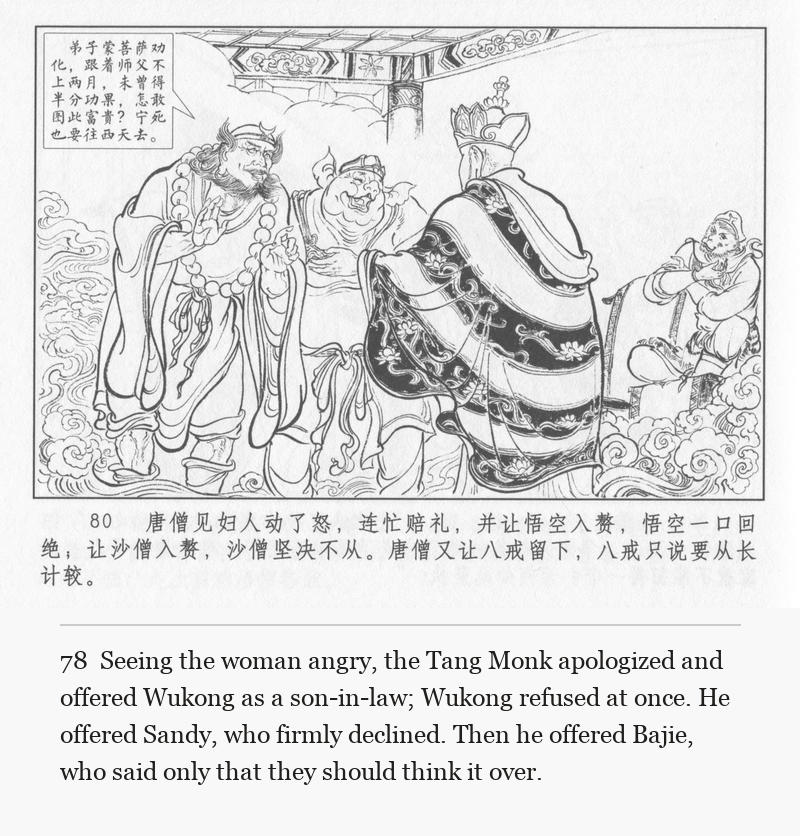 Seeing the woman angry, the Tang Monk apologized and offered Wukong as a son-in-law; Wukong refused at once. He offered Sandy, who firmly declined. Then he offered Bajie, who said only that they should think it over.