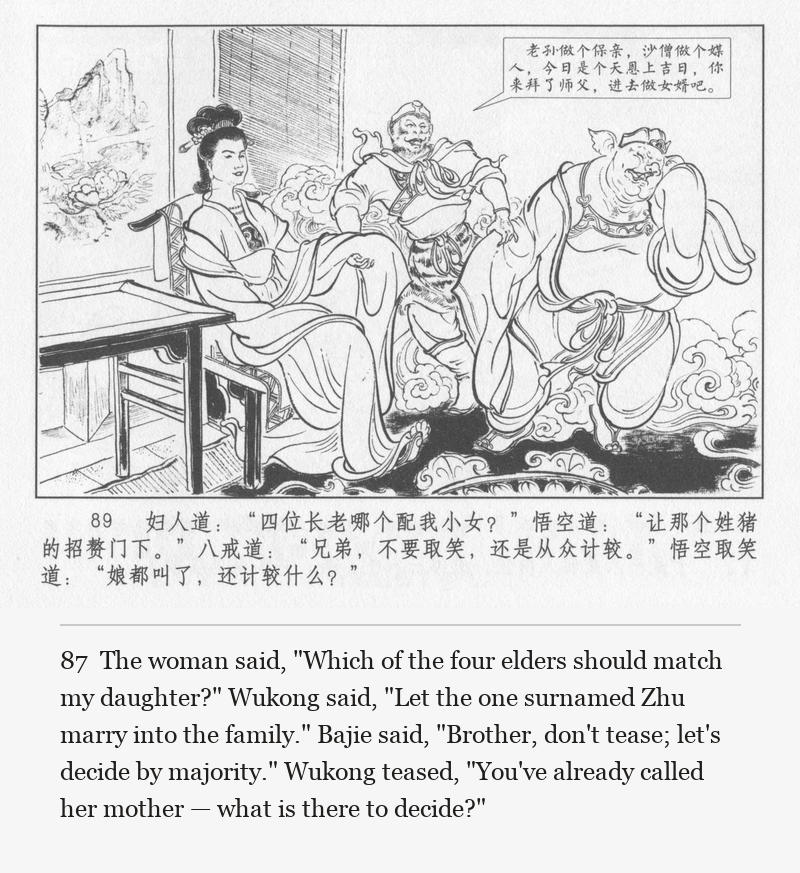 The woman said, "Which of the four elders should match my daughter?" Wukong said, "Let the one surnamed Zhu marry into the family." Bajie said, "Brother, don't tease; let's decide by majority." Wukong teased, "You've already called her mother — what is there to decide?"