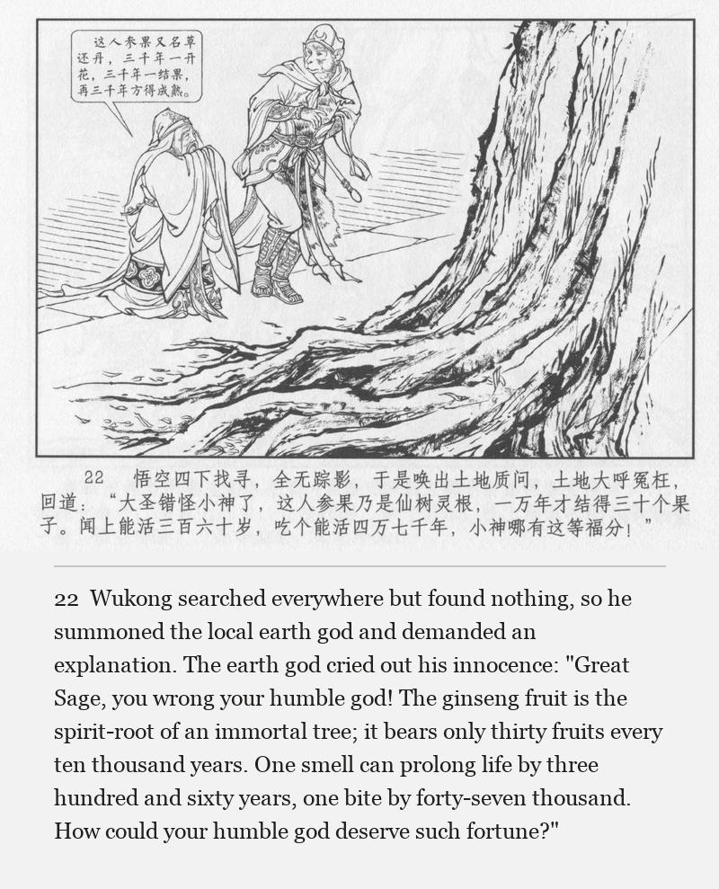 Wukong searched everywhere but found nothing, so he summoned the local earth god and demanded an explanation. The earth god cried out his innocence: "Great Sage, you wrong your humble god! The ginseng fruit is the spirit-root of an immortal tree; it bears only thirty fruits every ten thousand years. One smell can prolong life by three hundred and sixty years, one bite by forty-seven thousand. How could your humble god deserve such fortune?"