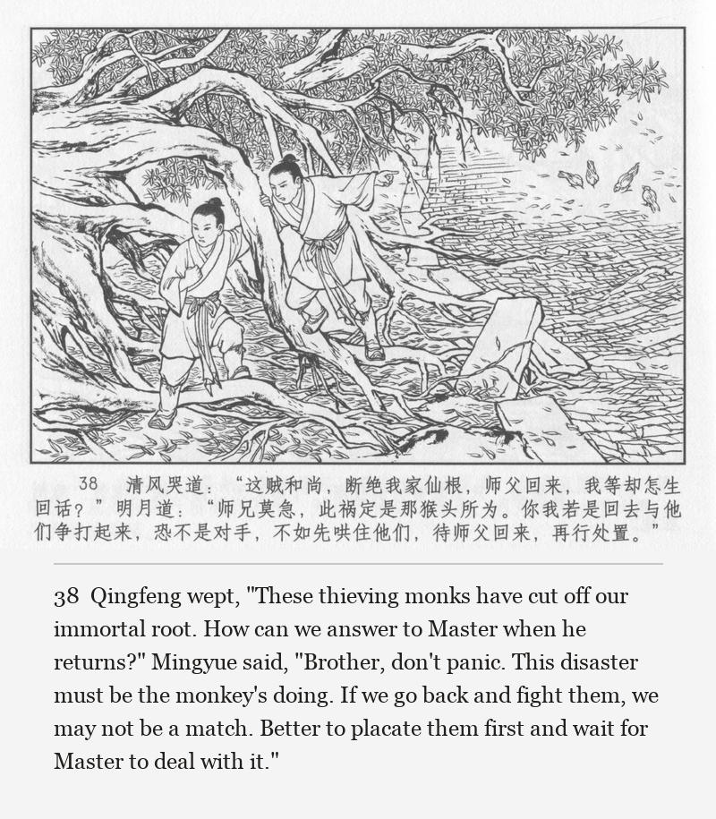 Qingfeng wept, "These thieving monks have cut off our immortal root. How can we answer to Master when he returns?" Mingyue said, "Brother, don't panic. This disaster must be the monkey's doing. If we go back and fight them, we may not be a match. Better to placate them first and wait for Master to deal with it."