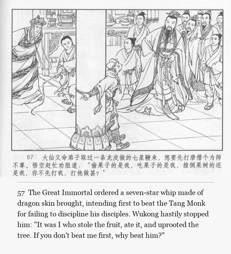 The Great Immortal ordered a seven-star whip made of dragon skin brought, intending first to beat the Tang Monk for failing to discipline his disciples. Wukong hastily stopped him: "It was I who stole the fruit, ate it, and uprooted the tree. If you don't beat me first, why beat him?"