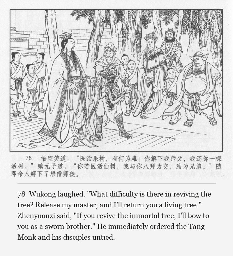 Wukong laughed. "What difficulty is there in reviving the tree? Release my master, and I'll return you a living tree." Zhenyuanzi said, "If you revive the immortal tree, I'll bow to you as a sworn brother." He immediately ordered the Tang Monk and his disciples untied.