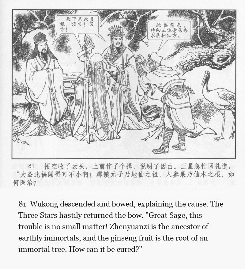 Wukong descended and bowed, explaining the cause. The Three Stars hastily returned the bow. "Great Sage, this trouble is no small matter! Zhenyuanzi is the ancestor of earthly immortals, and the ginseng fruit is the root of an immortal tree. How can it be cured?"