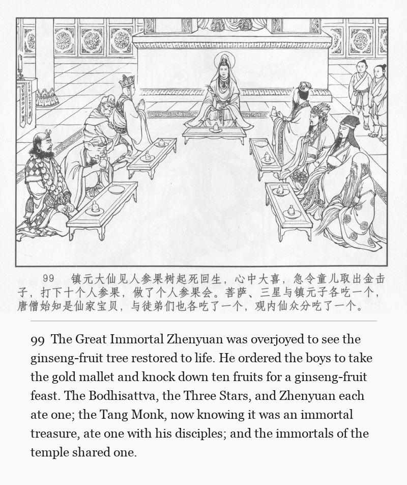The Great Immortal Zhenyuan was overjoyed to see the ginseng-fruit tree restored to life. He ordered the boys to take the gold mallet and knock down ten fruits for a ginseng-fruit feast. The Bodhisattva, the Three Stars, and Zhenyuan each ate one; the Tang Monk, now knowing it was an immortal treasure, ate one with his disciples; and the immortals of the temple shared one.