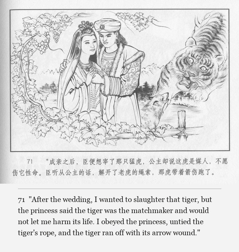 "After the wedding, I wanted to slaughter that tiger, but the princess said the tiger was the matchmaker and would not let me harm its life. I obeyed the princess, untied the tiger's rope, and the tiger ran off with its arrow wound."