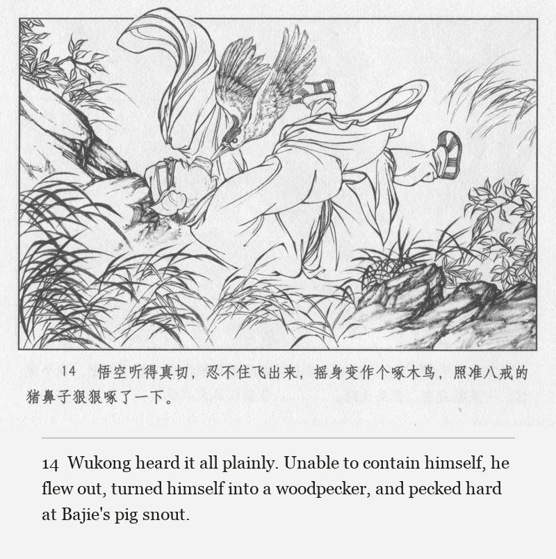 Wukong heard it all plainly. Unable to contain himself, he flew out, turned himself into a woodpecker, and pecked hard at Bajie's pig snout.