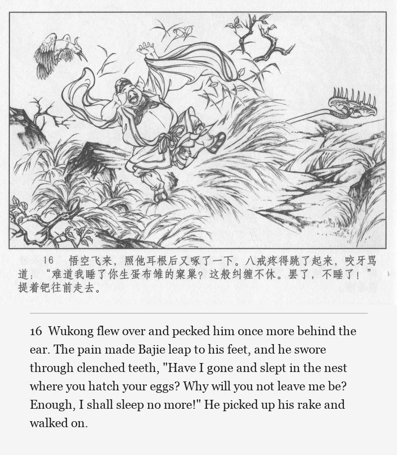 Wukong flew over and pecked him once more behind the ear. The pain made Bajie leap to his feet, and he swore through clenched teeth, "Have I gone and slept in the nest where you hatch your eggs? Why will you not leave me be? Enough, I shall sleep no more!" He picked up his rake and walked on.