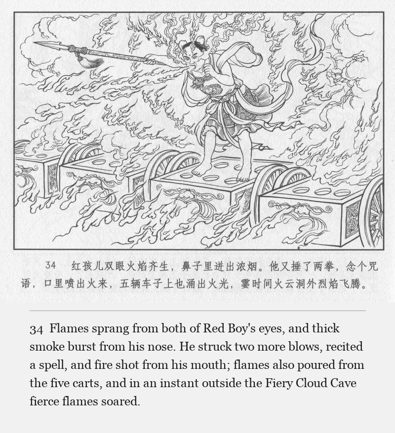 Flames sprang from both of Red Boy's eyes, and thick smoke burst from his nose. He struck two more blows, recited a spell, and fire shot from his mouth; flames also poured from the five carts, and in an instant outside the Fiery Cloud Cave fierce flames soared.