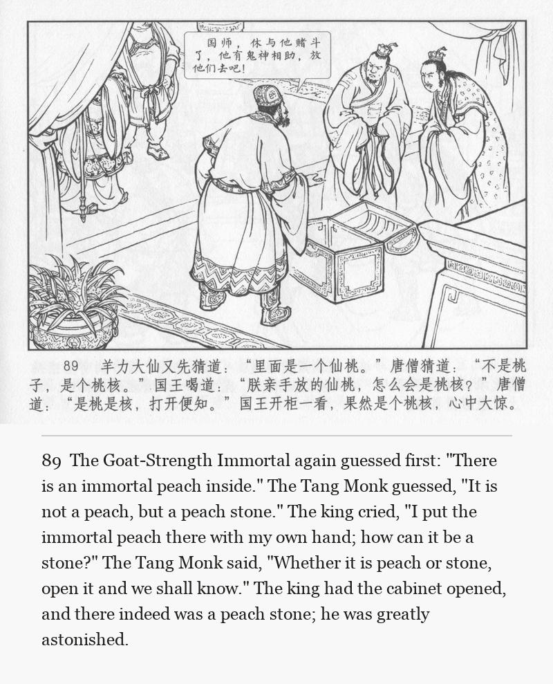 The Goat-Strength Immortal again guessed first: "There is an immortal peach inside." The Tang Monk guessed, "It is not a peach, but a peach stone." The king cried, "I put the immortal peach there with my own hand; how can it be a stone?" The Tang Monk said, "Whether it is peach or stone, open it and we shall know." The king had the cabinet opened, and there indeed was a peach stone; he was greatly astonished.