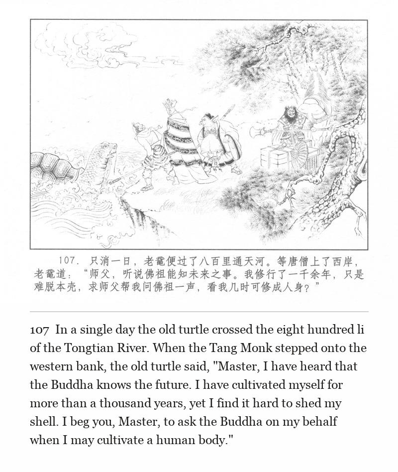 In a single day the old turtle crossed the eight hundred li of the Tongtian River. When the Tang Monk stepped onto the western bank, the old turtle said, "Master, I have heard that the Buddha knows the future. I have cultivated myself for more than a thousand years, yet I find it hard to shed my shell. I beg you, Master, to ask the Buddha on my behalf when I may cultivate a human body."