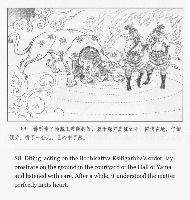 Diting, acting on the Bodhisattva Ksitigarbha's order, lay prostrate on the ground in the courtyard of the Hall of Yama and listened with care. After a while, it understood the matter perfectly in its heart.