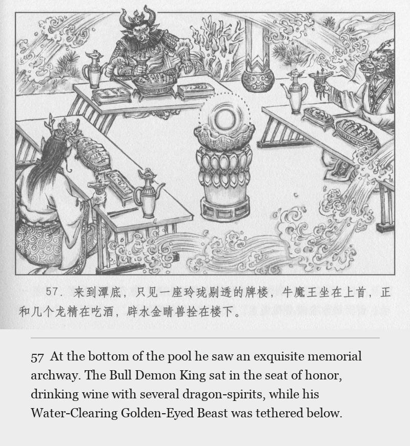 At the bottom of the pool he saw an exquisite memorial archway. The Bull Demon King sat in the seat of honor, drinking wine with several dragon-spirits, while his Water-Clearing Golden-Eyed Beast was tethered below.