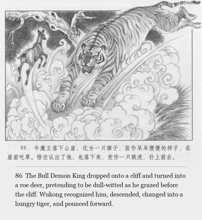 The Bull Demon King dropped onto a cliff and turned into a roe deer, pretending to be dull-witted as he grazed before the cliff. Wukong recognized him, descended, changed into a hungry tiger, and pounced forward.