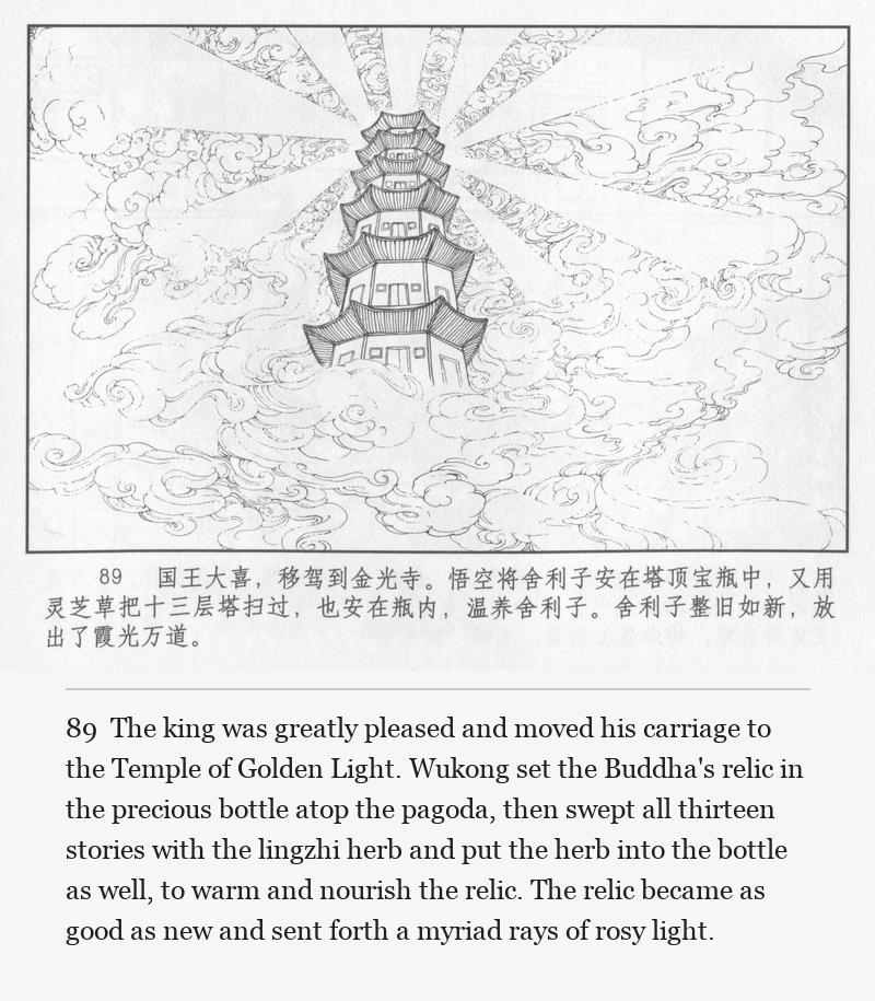 The king was greatly pleased and moved his carriage to the Temple of Golden Light. Wukong set the Buddha's relic in the precious bottle atop the pagoda, then swept all thirteen stories with the lingzhi herb and put the herb into the bottle as well, to warm and nourish the relic. The relic became as good as new and sent forth a myriad rays of rosy light.