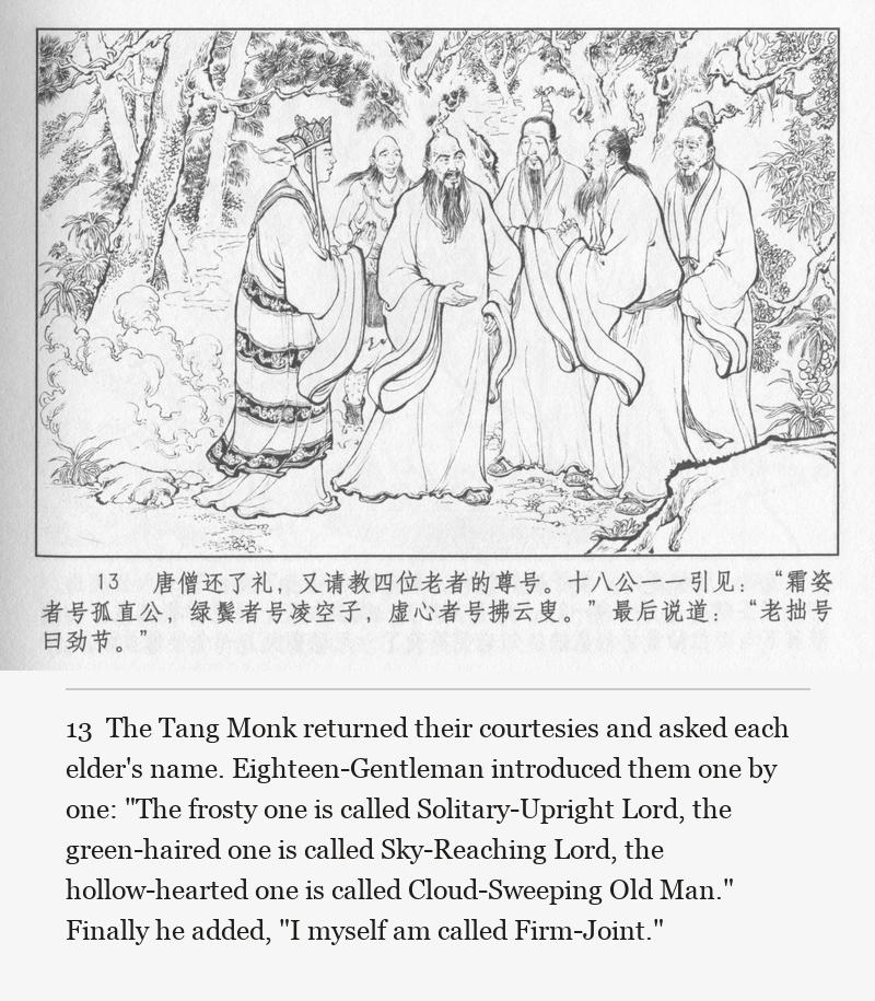 The Tang Monk returned their courtesies and asked each elder's name. Eighteen-Gentleman introduced them one by one: "The frosty one is called Solitary-Upright Lord, the green-haired one is called Sky-Reaching Lord, the hollow-hearted one is called Cloud-Sweeping Old Man." Finally he added, "I myself am called Firm-Joint."