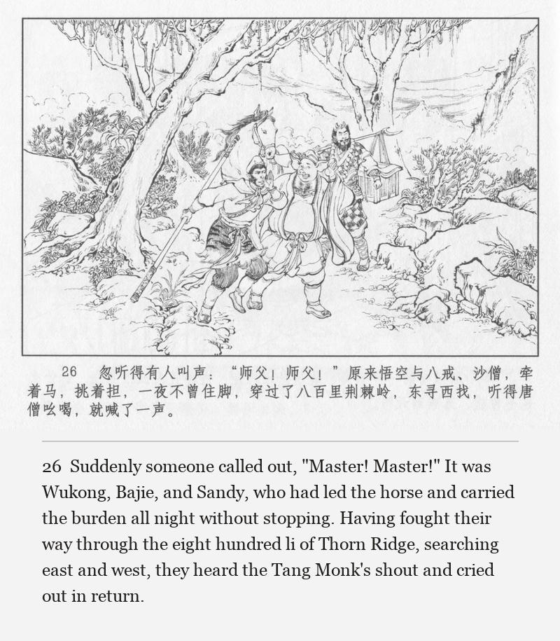 Suddenly someone called out, "Master! Master!" It was Wukong, Bajie, and Sandy, who had led the horse and carried the burden all night without stopping. Having fought their way through the eight hundred li of Thorn Ridge, searching east and west, they heard the Tang Monk's shout and cried out in return.