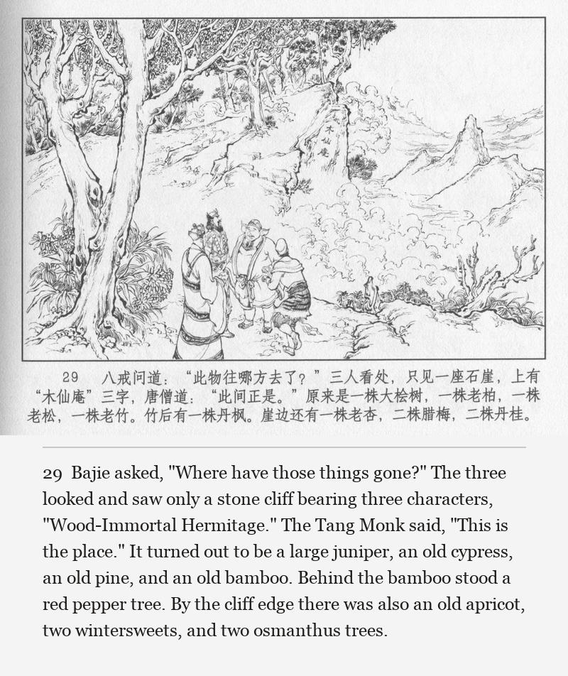 Bajie asked, "Where have those things gone?" The three looked and saw only a stone cliff bearing three characters, "Wood-Immortal Hermitage." The Tang Monk said, "This is the place." It turned out to be a large juniper, an old cypress, an old pine, and an old bamboo. Behind the bamboo stood a red pepper tree. By the cliff edge there was also an old apricot, two wintersweets, and two osmanthus trees.