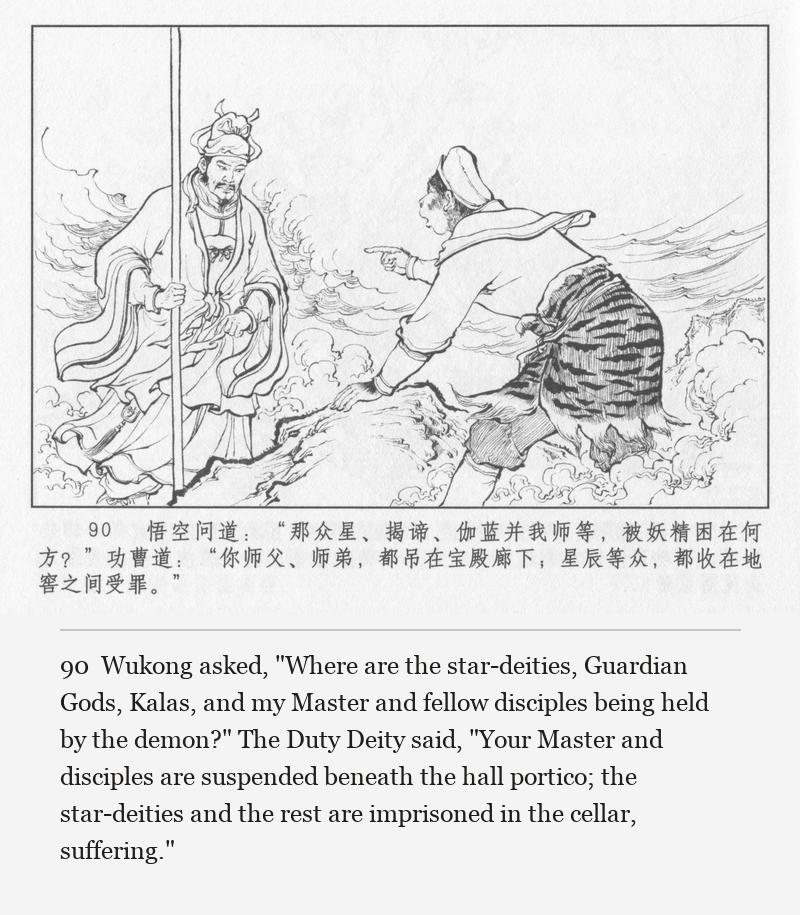 Wukong asked, "Where are the star-deities, Guardian Gods, Kalas, and my Master and fellow disciples being held by the demon?" The Duty Deity said, "Your Master and disciples are suspended beneath the hall portico; the star-deities and the rest are imprisoned in the cellar, suffering."