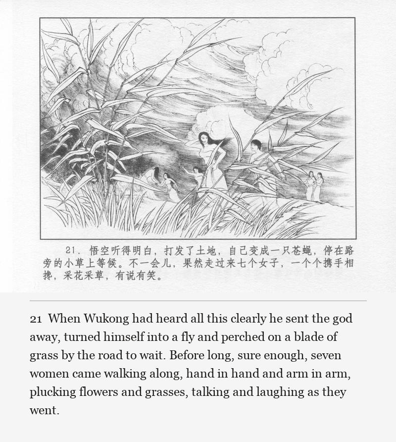 When Wukong had heard all this clearly he sent the god away, turned himself into a fly and perched on a blade of grass by the road to wait. Before long, sure enough, seven women came walking along, hand in hand and arm in arm, plucking flowers and grasses, talking and laughing as they went.