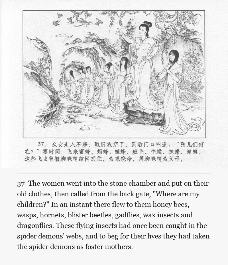The women went into the stone chamber and put on their old clothes, then called from the back gate, "Where are my children?" In an instant there flew to them honey bees, wasps, hornets, blister beetles, gadflies, wax insects and dragonflies. These flying insects had once been caught in the spider demons' webs, and to beg for their lives they had taken the spider demons as foster mothers.