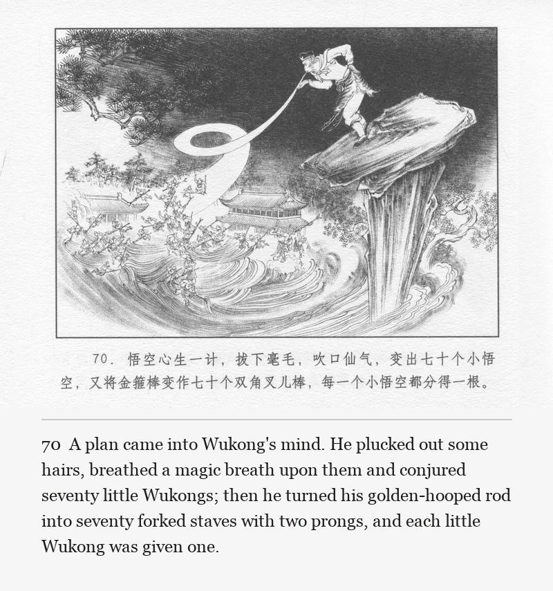 A plan came into Wukong's mind. He plucked out some hairs, breathed a magic breath upon them and conjured seventy little Wukongs; then he turned his golden-hooped rod into seventy forked staves with two prongs, and each little Wukong was given one.