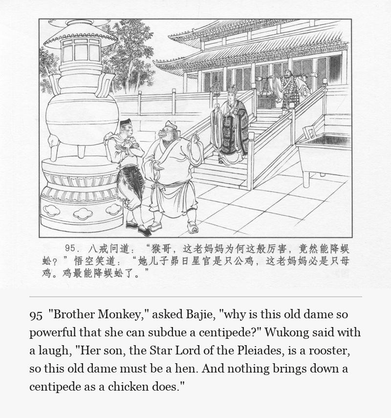 "Brother Monkey," asked Bajie, "why is this old dame so powerful that she can subdue a centipede?" Wukong said with a laugh, "Her son, the Star Lord of the Pleiades, is a rooster, so this old dame must be a hen. And nothing brings down a centipede as a chicken does."