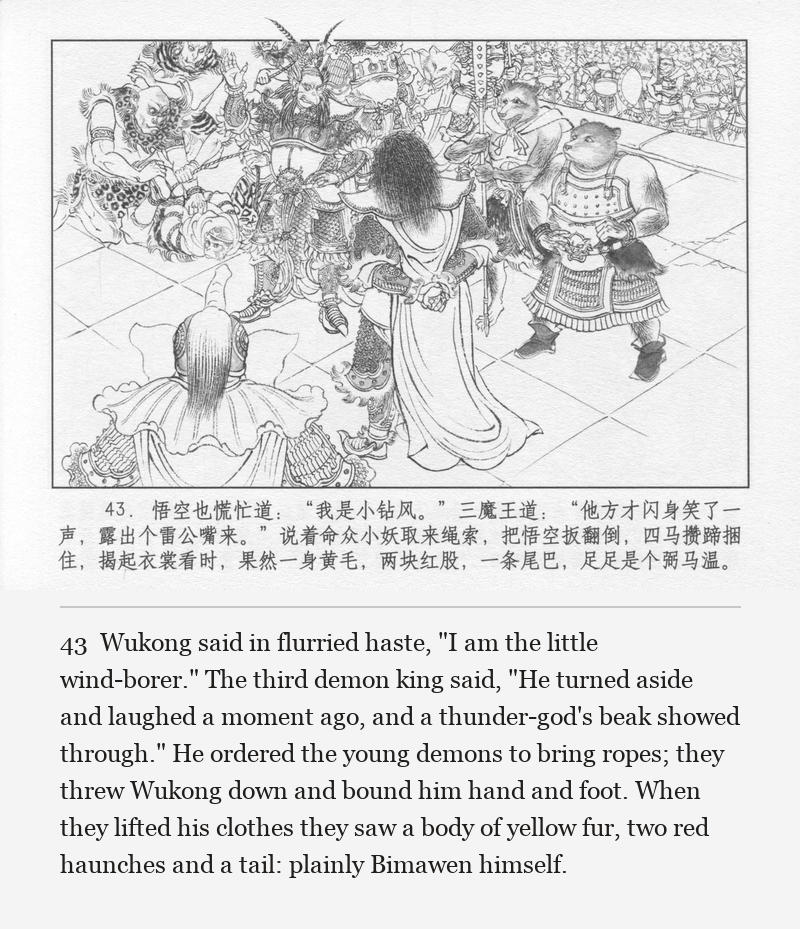 Wukong said in flurried haste, "I am the little wind-borer." The third demon king said, "He turned aside and laughed a moment ago, and a thunder-god's beak showed through." He ordered the young demons to bring ropes; they threw Wukong down and bound him hand and foot. When they lifted his clothes they saw a body of yellow fur, two red haunches and a tail: plainly Bimawen himself.