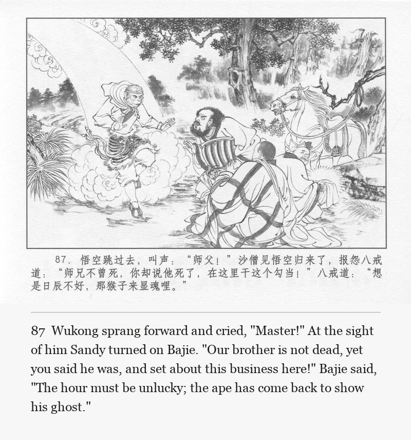 Wukong sprang forward and cried, "Master!" At the sight of him Sandy turned on Bajie. "Our brother is not dead, yet you said he was, and set about this business here!" Bajie said, "The hour must be unlucky; the ape has come back to show his ghost."