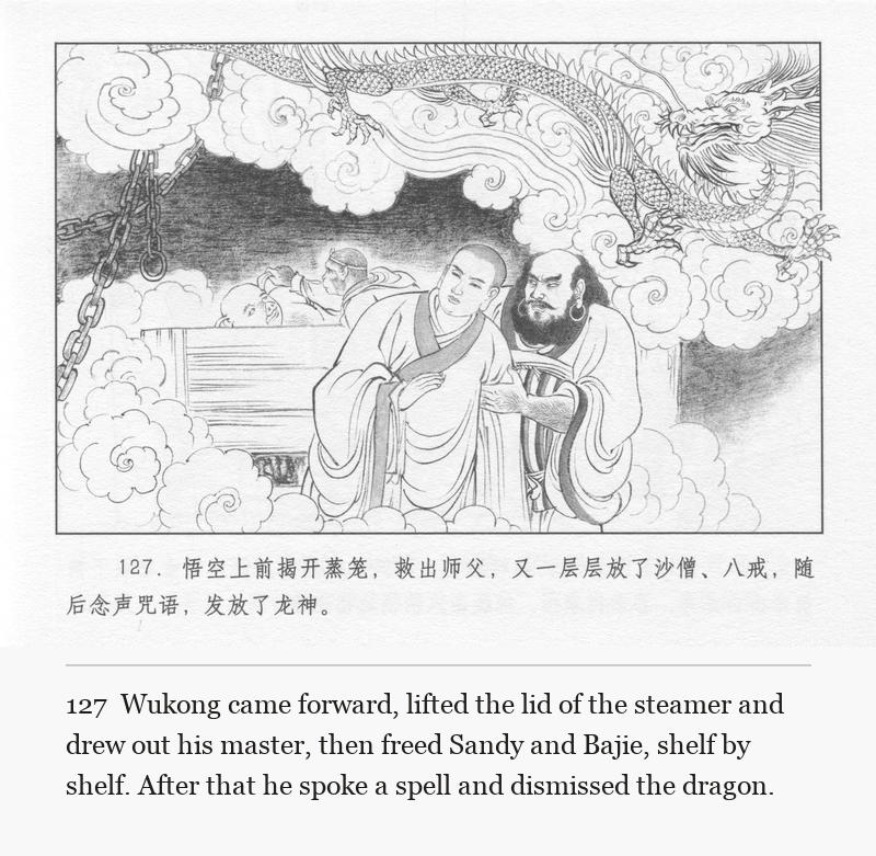 Wukong came forward, lifted the lid of the steamer and drew out his master, then freed Sandy and Bajie, shelf by shelf. After that he spoke a spell and dismissed the dragon.