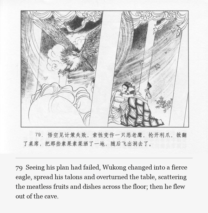 Seeing his plan had failed, Wukong changed into a fierce eagle, spread his talons and overturned the table, scattering the meatless fruits and dishes across the floor; then he flew out of the cave.