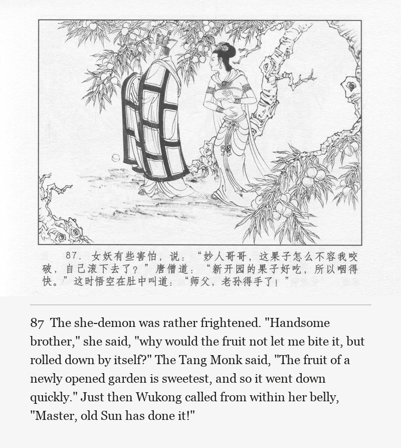 The she-demon was rather frightened. "Handsome brother," she said, "why would the fruit not let me bite it, but rolled down by itself?" The Tang Monk said, "The fruit of a newly opened garden is sweetest, and so it went down quickly." Just then Wukong called from within her belly, "Master, old Sun has done it!"