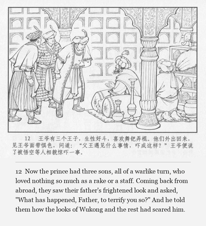 Now the prince had three sons, all of a warlike turn, who loved nothing so much as a rake or a staff. Coming back from abroad, they saw their father's frightened look and asked, "What has happened, Father, to terrify you so?" And he told them how the looks of Wukong and the rest had scared him.