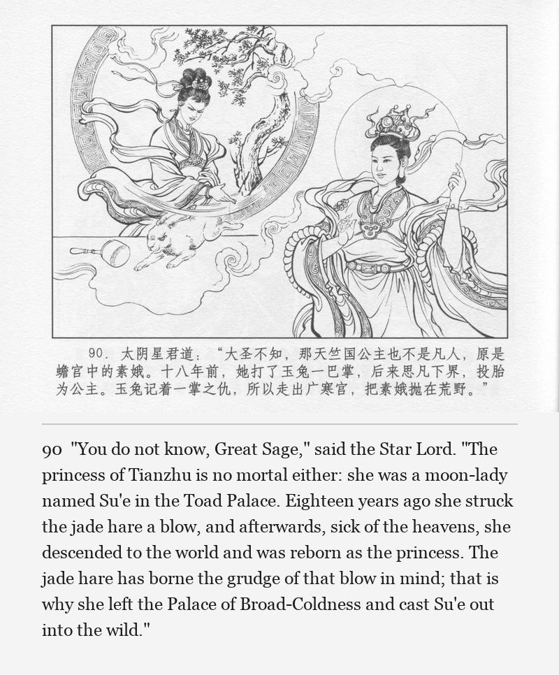 "You do not know, Great Sage," said the Star Lord. "The princess of Tianzhu is no mortal either: she was a moon-lady named Su'e in the Toad Palace. Eighteen years ago she struck the jade hare a blow, and afterwards, sick of the heavens, she descended to the world and was reborn as the princess. The jade hare has borne the grudge of that blow in mind; that is why she left the Palace of Broad-Coldness and cast Su'e out into the wild."