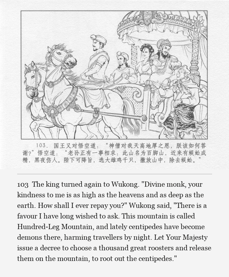 The king turned again to Wukong. "Divine monk, your kindness to me is as high as the heavens and as deep as the earth. How shall I ever repay you?" Wukong said, "There is a favour I have long wished to ask. This mountain is called Hundred-Leg Mountain, and lately centipedes have become demons there, harming travellers by night. Let Your Majesty issue a decree to choose a thousand great roosters and release them on the mountain, to root out the centipedes."