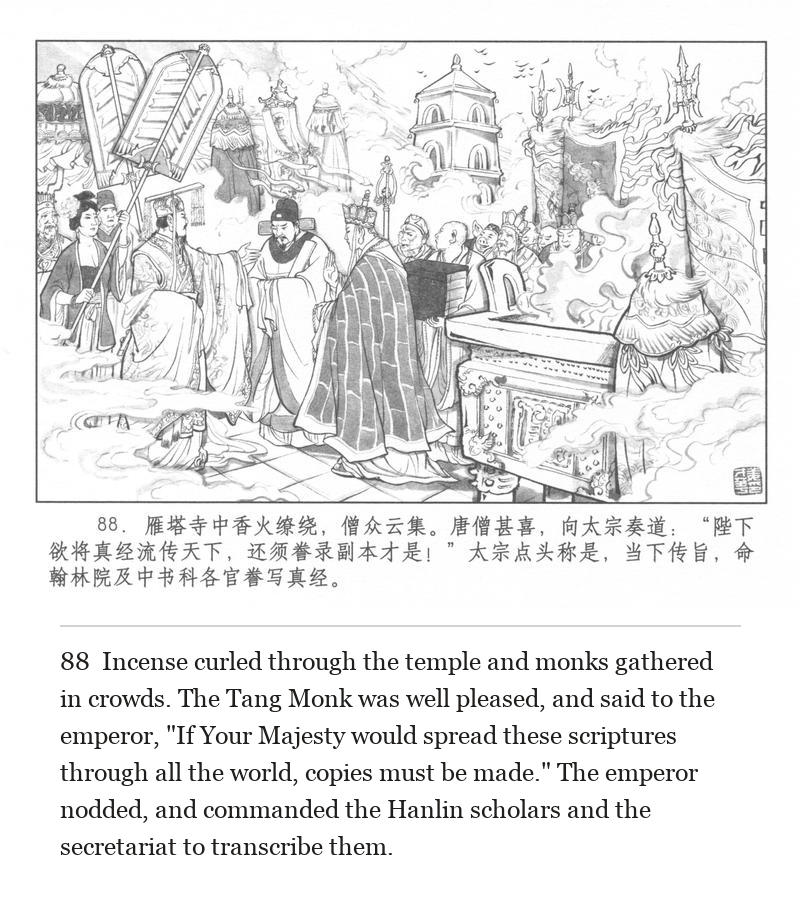 Incense curled through the temple and monks gathered in crowds. The Tang Monk was well pleased, and said to the emperor, "If Your Majesty would spread these scriptures through all the world, copies must be made." The emperor nodded, and commanded the Hanlin scholars and the secretariat to transcribe them.
